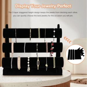 OSPNIEEK Velvet Bracelet Holder with 3 Tier Rack, Black Detachable Jewelry Display Stand T-Bar Necklace Storage Organizer for Bangles Watch Bracelets Scrunchies Organization Showcase