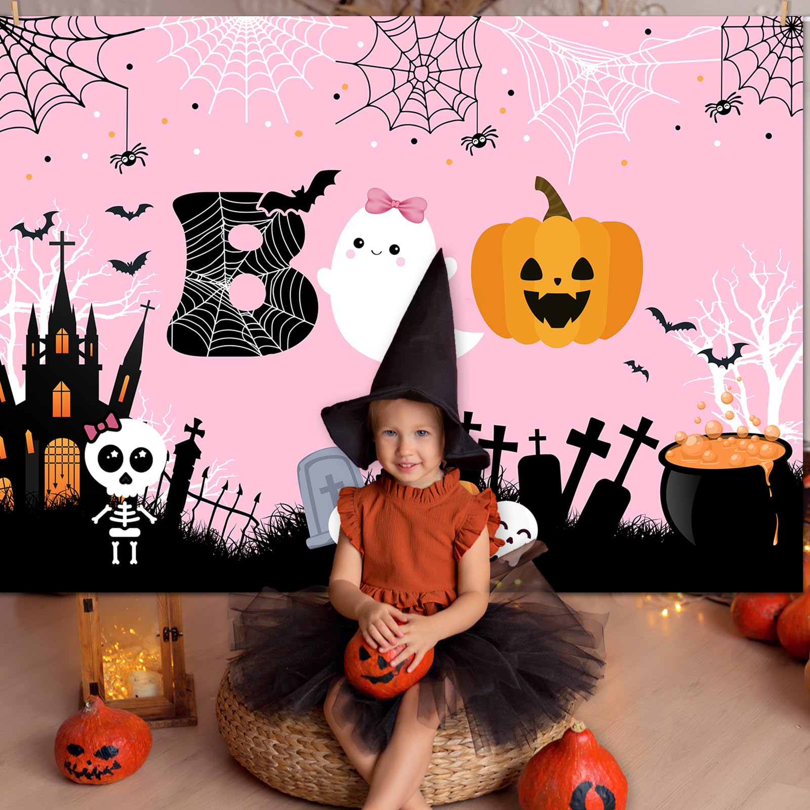 Mocsicka Halloween Boo Backdrop Cute Spooky Ghost Pumpkin Trick or Treat Background Pink Little Boo Girl Baby Shower or Birthday Party Cake Table Decoration Banner Photo Booth Props (7x5ft)