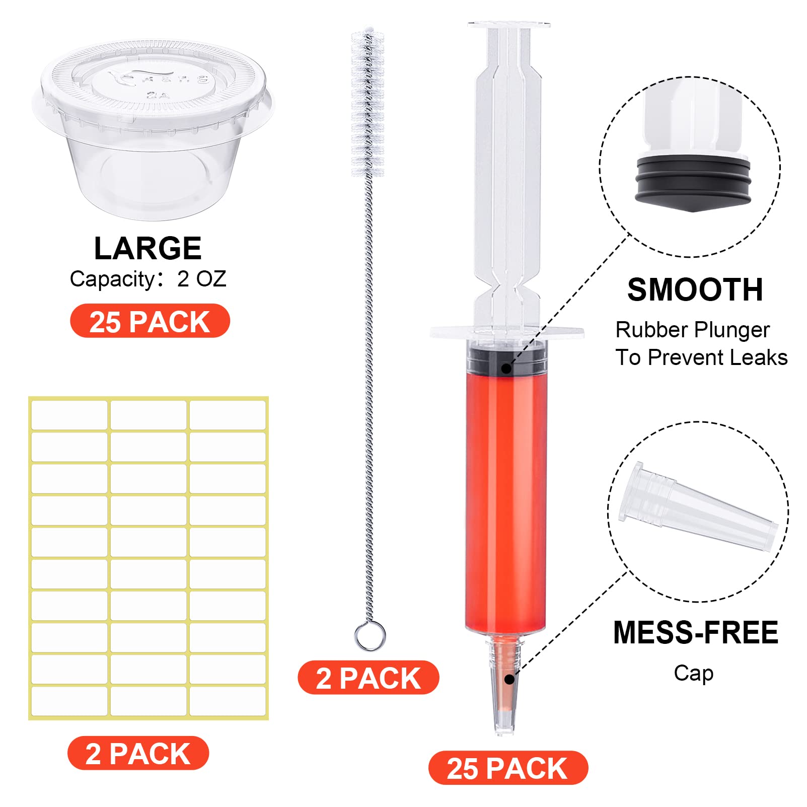 50 Pack Syringes Set Include 25 2 oz Syringes, 25 Cups with Lids for Vampire Zombie Halloween Party, Nurse Graduation Props(60 Lables, 2 Cleaning Brush)