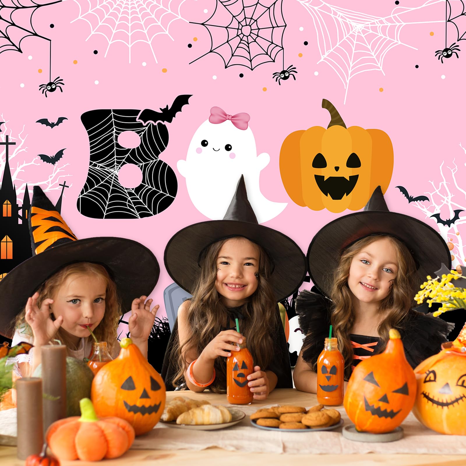 Mocsicka Halloween Boo Backdrop Cute Spooky Ghost Pumpkin Trick or Treat Background Pink Little Boo Girl Baby Shower or Birthday Party Cake Table Decoration Banner Photo Booth Props (7x5ft)