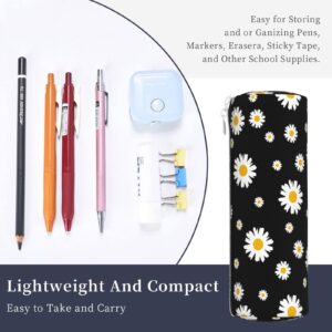 Ykklima White Yellow Daisy Flower Black Leather Pencil Case Zipper Pen Makeup Cosmetic Holder Pouch Stationery Bag for School Work Office