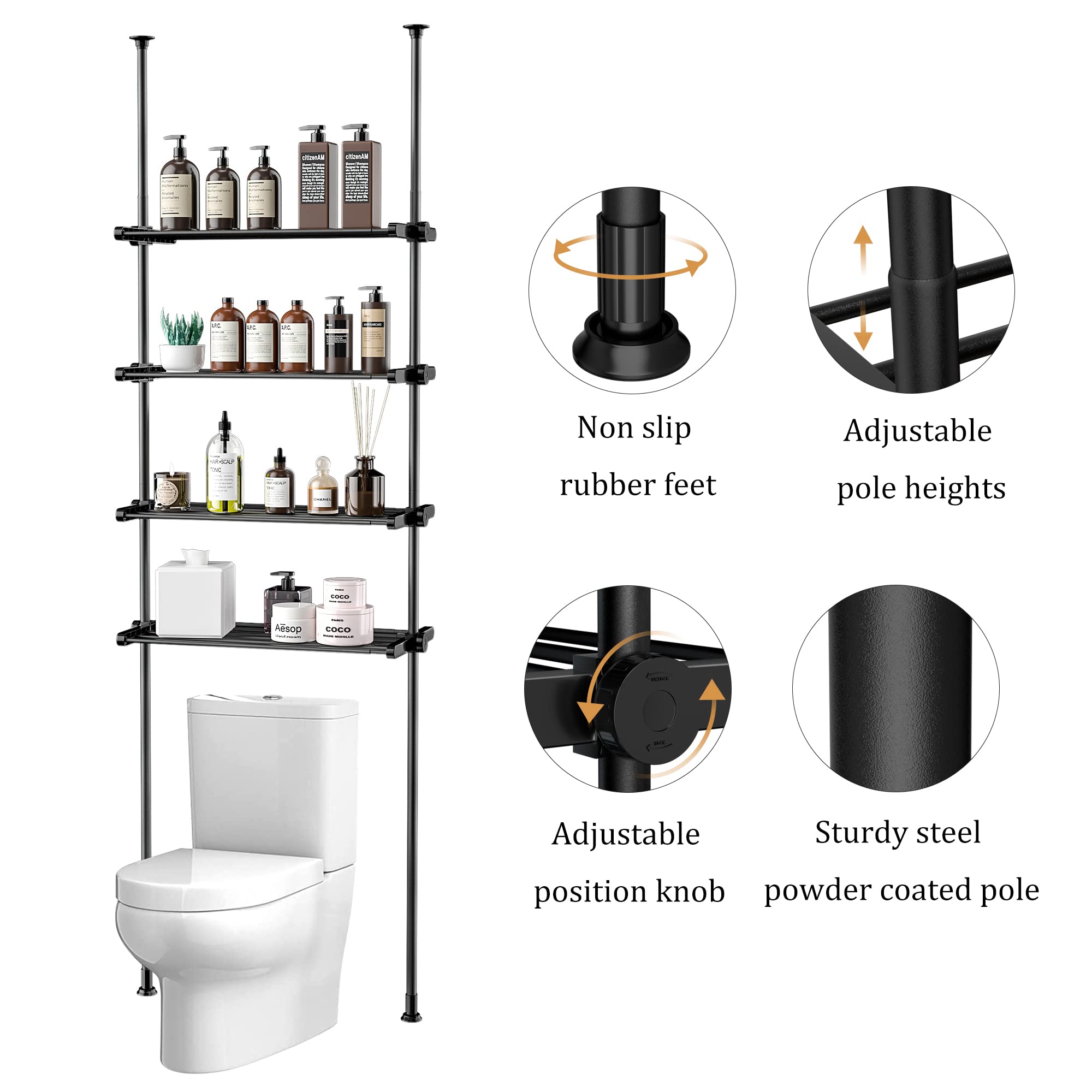 XIHUAN Adjustable Over The Toilet Storage Bathroom Organizer and Storage Shelf Stand Space Saving with Tension Poles 4 Tier Metal Rack White