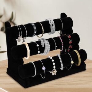 OSPNIEEK Velvet Bracelet Holder with 3 Tier Rack, Black Detachable Jewelry Display Stand T-Bar Necklace Storage Organizer for Bangles Watch Bracelets Scrunchies Organization Showcase