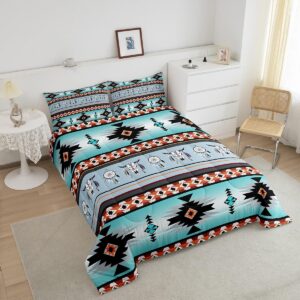 Erosebridal Western Bedding Sets Queen, Exotic Bull Skull Queen Comforter Set Southwestern Quilt,Dream Catchers Tribe Feather Duvet Insert Western Animals Boho Aztec Western Decor Blue Teal Orange