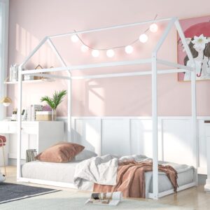 twin house bed for kids, montessori bed frame metal platform bed floor bed for boys girls, no box spring needed - white