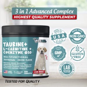 PET LOL Taurine Supplement for Dogs with L-Carnitine and Coenzyme Q10 (CoQ10): Vet Endorsed for Enlarged Heart (DCM), Congestive Heart Failure, Taurine Deficiency: 3-in-1 | Dog Supplements- 120ct