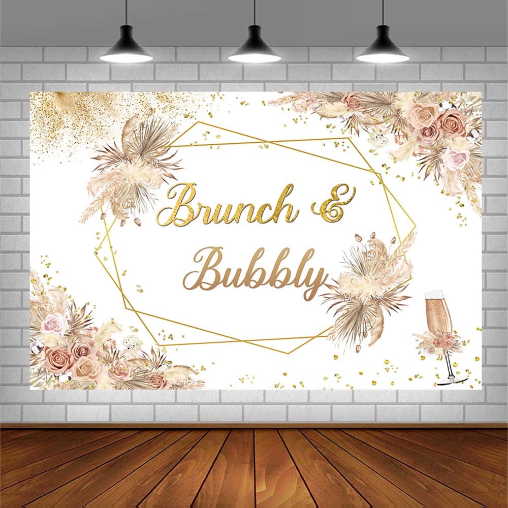 SENDY 7x5ft Boho Brunch and Bubbly Backdrop Bridal Shower Party Decorations Supplies Wedding Bachelorette Banner Bohemia Floral Pampas Gold Champagne Photography Background Cake Table Photo Booth Prop