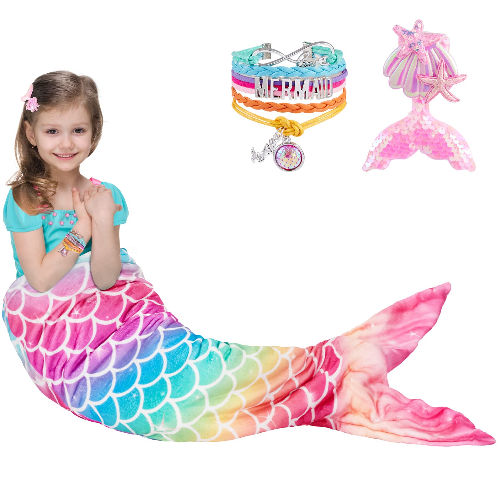 WERNNSAI Mermaid Tail Blanket - Wearable Mermaid Soft Blanket with Hairpin and Bracelet for Girls Kids Rainbow Soft Flannel Snuggle Blanket 55’’ x 24’’ Gift for Birthday Christmas