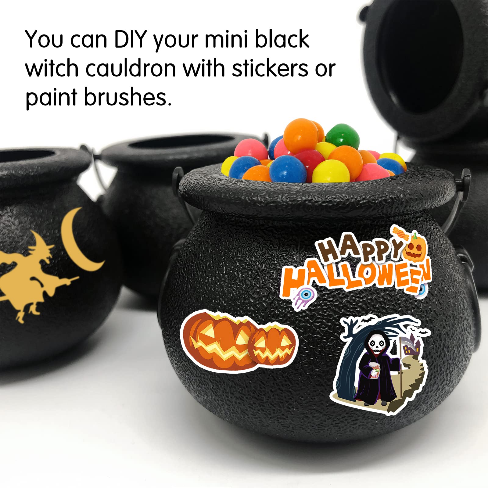 Lshfwn 24 Pack Plastic Cauldron,Black Mini Witch Cauldron with Handle,Halloween Candy Cauldron Kettles,Plastic Candy Holder for Party Decoration Supplies St Patrick's Day