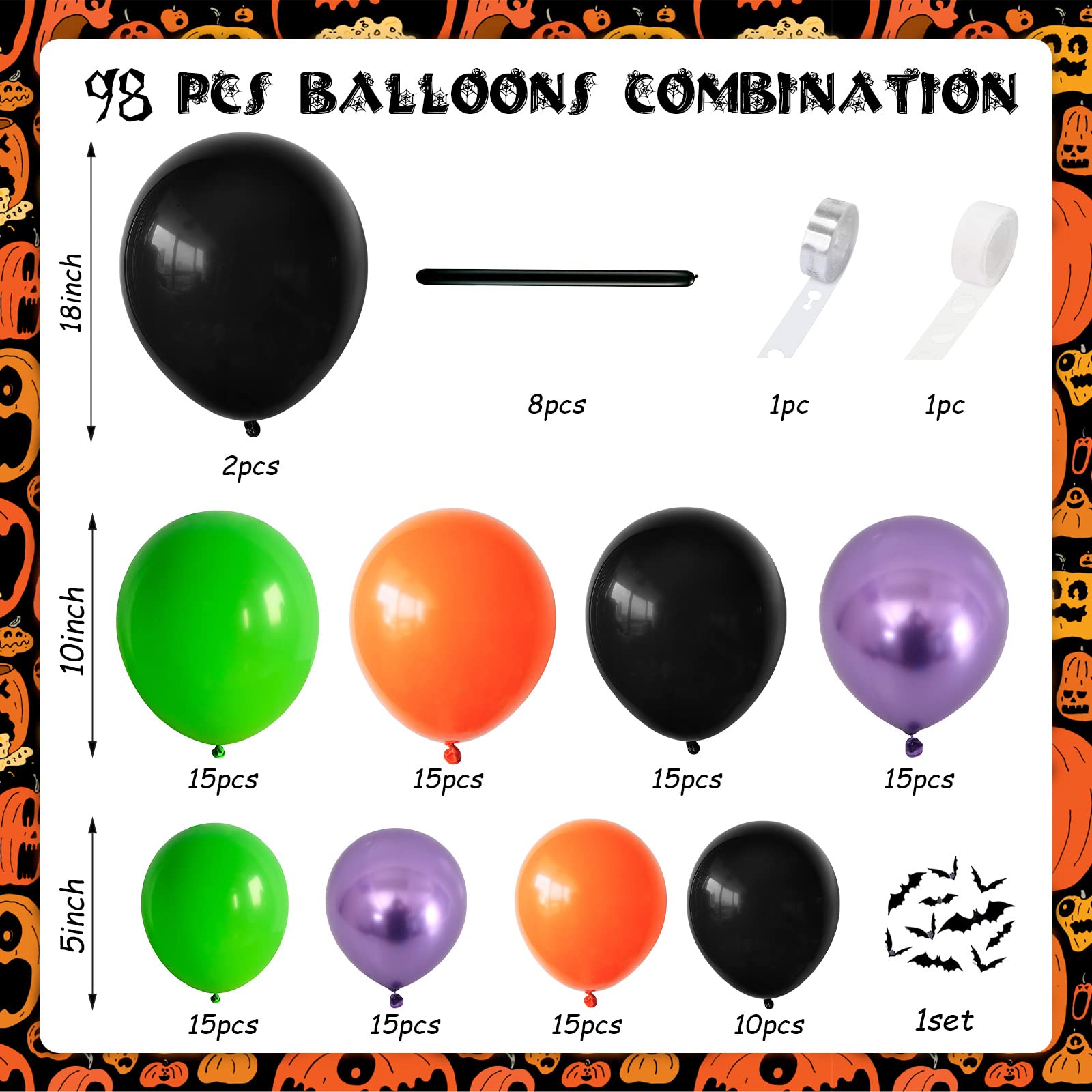 Halloween Balloon Garland Arch Kit, 128PCS Black Long Twisting Balloon Metallic Purple Balloon Orange Light Green Balloons with Bat for Ghost Halloween Party Decorations Supplies Kids House Garden