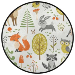 Woodland Animals Round Area Rug, Fox Elk Bear Mushroom Non-Slip Circle Rug for Bedroom Living Room Outdoor Study Playing Floor Mat Carpet, 3' Diameter