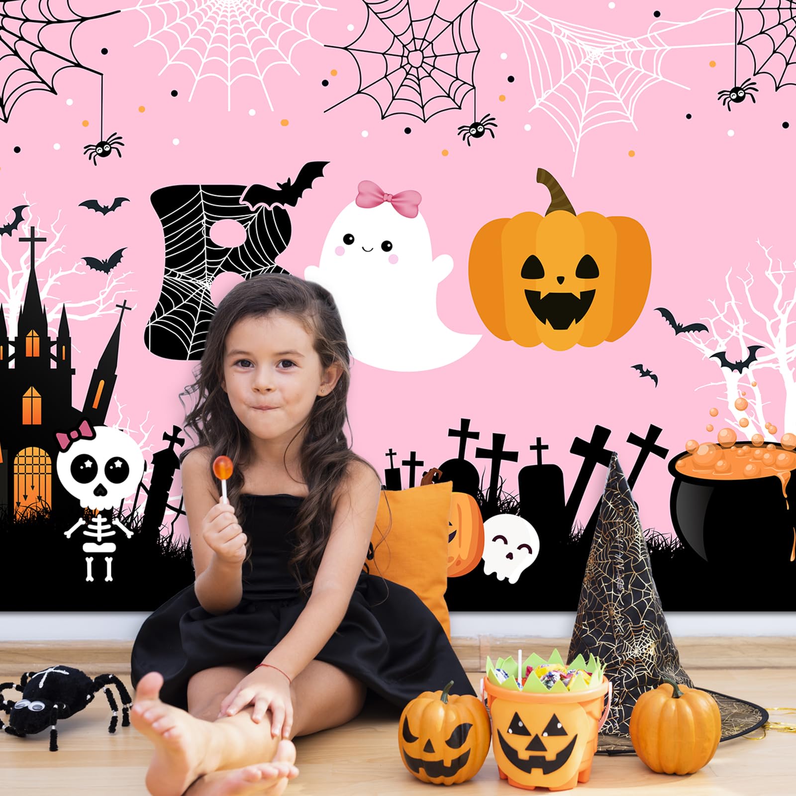 Mocsicka Halloween Boo Backdrop Cute Spooky Ghost Pumpkin Trick or Treat Background Pink Little Boo Girl Baby Shower or Birthday Party Cake Table Decoration Banner Photo Booth Props (7x5ft)