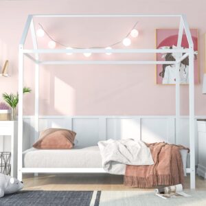 Twin House Bed for Kids, Montessori Bed Frame Metal Platform Bed Floor Bed for Boys Girls, No Box Spring Needed - White