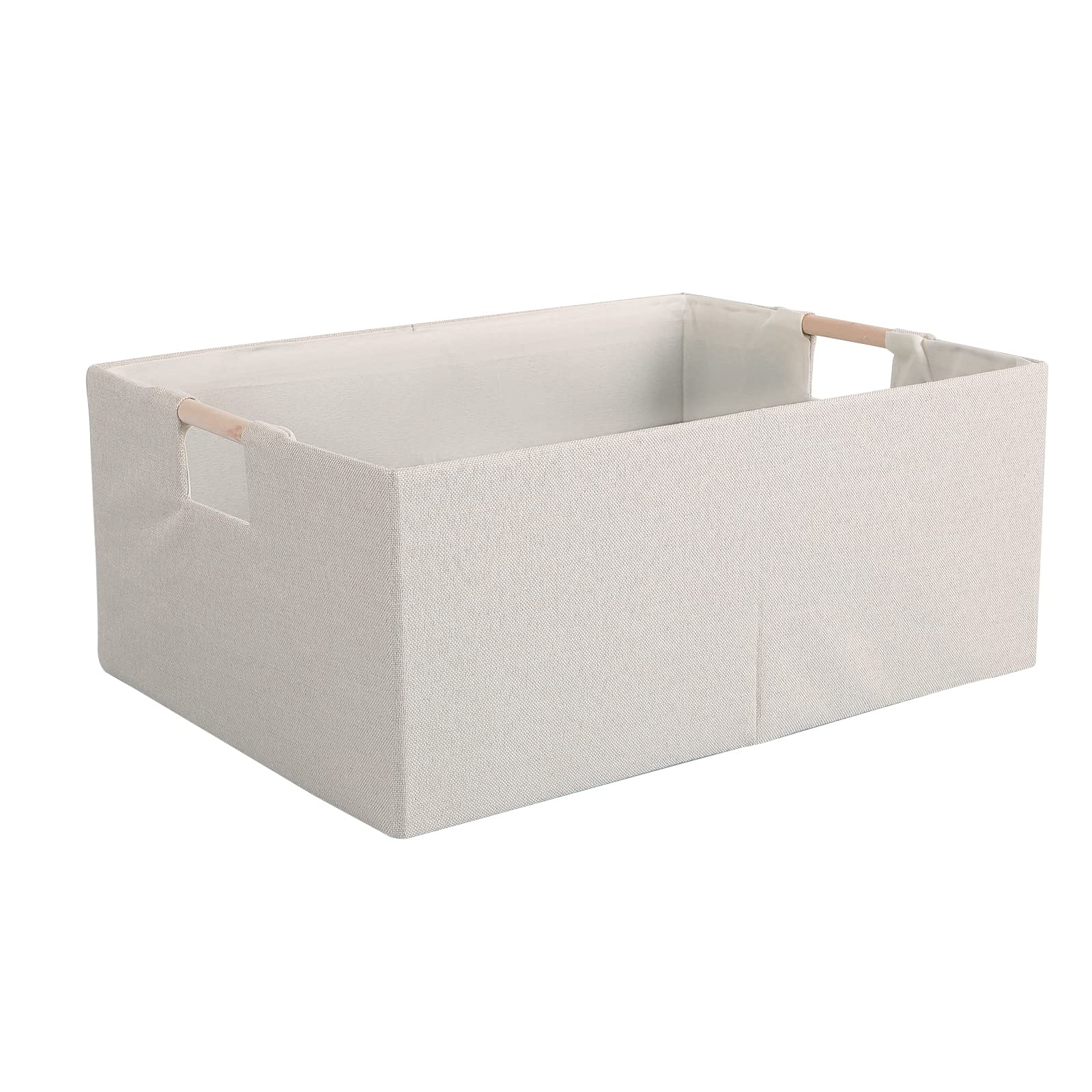 LaMorée Fabric Storage Bin Box Foldable Cotton Linen Storage Basket with Wooden Handles Rectangular Cube Decorative Home Laundry Organizer Clothes Blanket Container – Beige, Medium