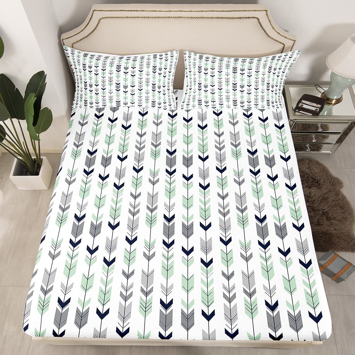 Geometric Arrows Fitted Sheet Queen, Ethnical Pattern with Feathers Boho Exotic Bedding Set 3pcs for Kids Teens Room Decor,Native Tribal Teal Bed Cover, Rustic Bed Sheet Set with 2 Pillowcases