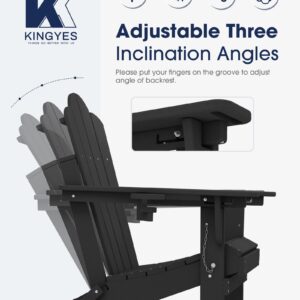 KINGYES Folding Adjustable Backrest Adirondack Chair with Cup Holder, Oversized Weather Resistance Adirondack Chair, HDPE Reclining Adirondack Chair for Adult, Black