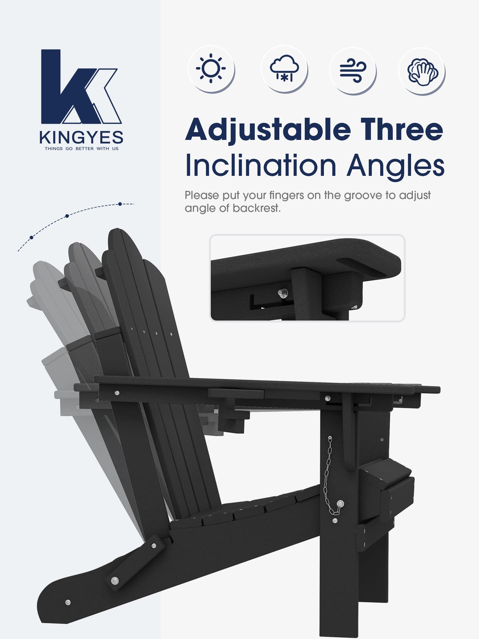 KINGYES Folding Adjustable Backrest Adirondack Chair with Cup Holder, Oversized Weather Resistance Adirondack Chair, HDPE Reclining Adirondack Chair for Adult, Black