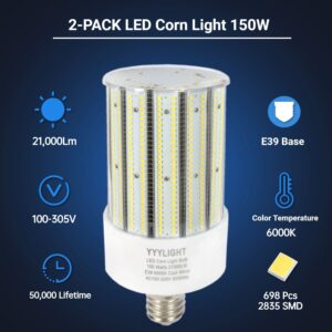 yyylight (2 Pack 150W LED Corn Bulb,E39 Mogul Base Led Light Bulb 6000K Cold White,LED Replacement 800W Metal Halide HID CFL Lamp for High Bay Shop Light Garage Warehouse