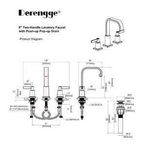 Derengge Two Handle Widespread Bathroom Faucet, 8 Inch Matte Black Bathroom Sink Faucet with Pop up Drain, 3 Hole Lavatory Faucet,F-0288-MT