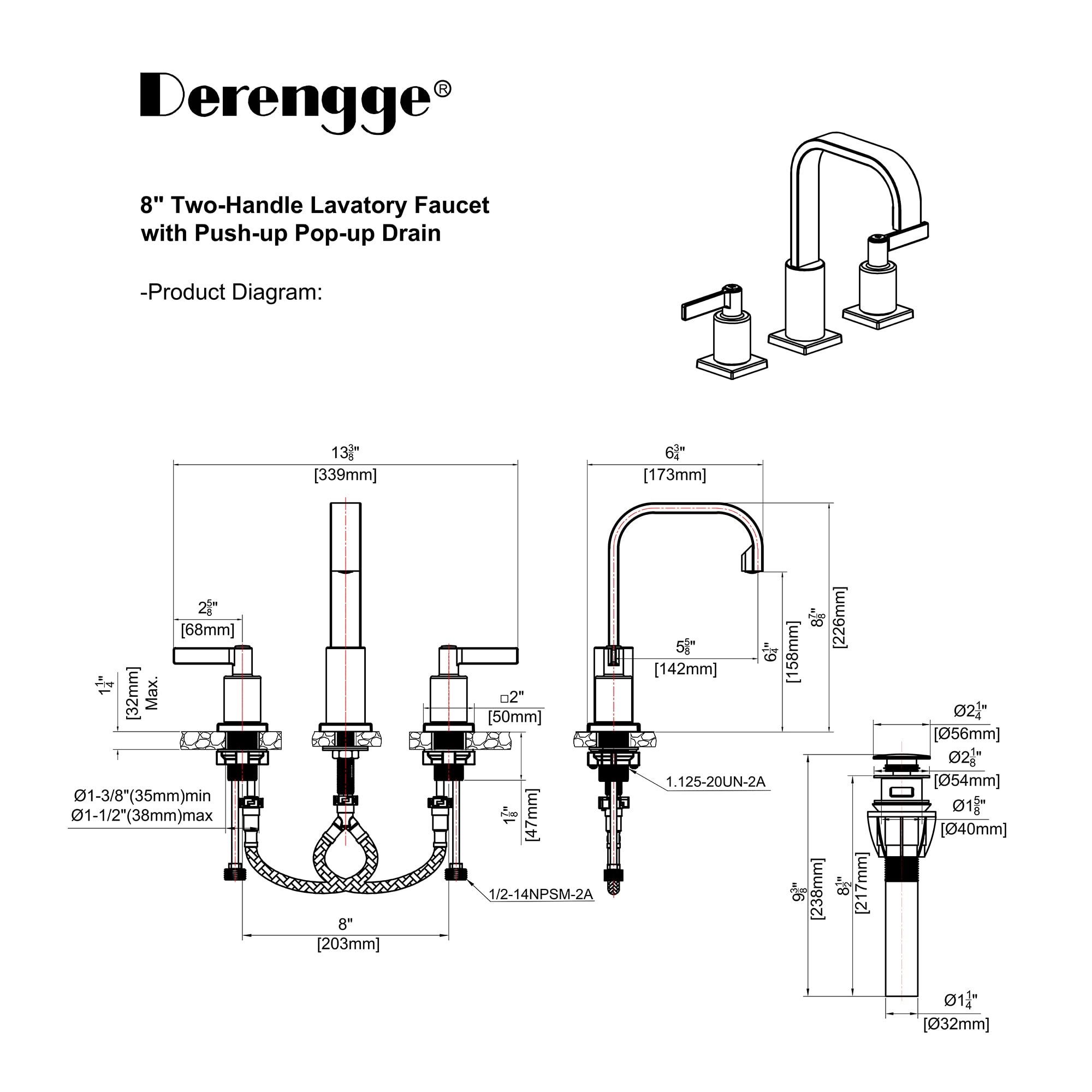 Derengge Two Handle Widespread Bathroom Faucet, 8 Inch Matte Black Bathroom Sink Faucet with Pop up Drain, 3 Hole Lavatory Faucet,F-0288-MT