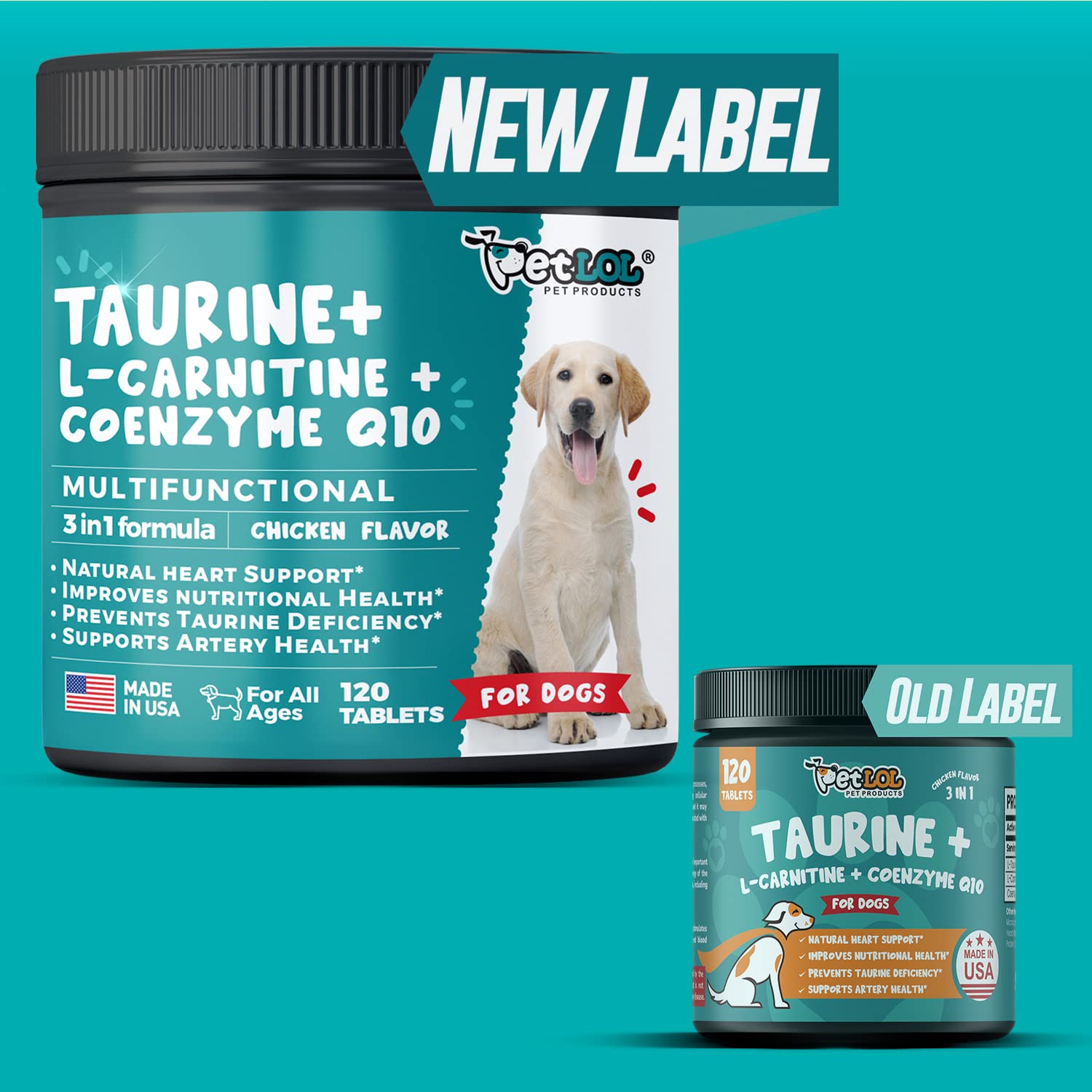 PET LOL Taurine Supplement for Dogs with L-Carnitine and Coenzyme Q10 (CoQ10): Vet Endorsed for Enlarged Heart (DCM), Congestive Heart Failure, Taurine Deficiency: 3-in-1 | Dog Supplements- 120ct