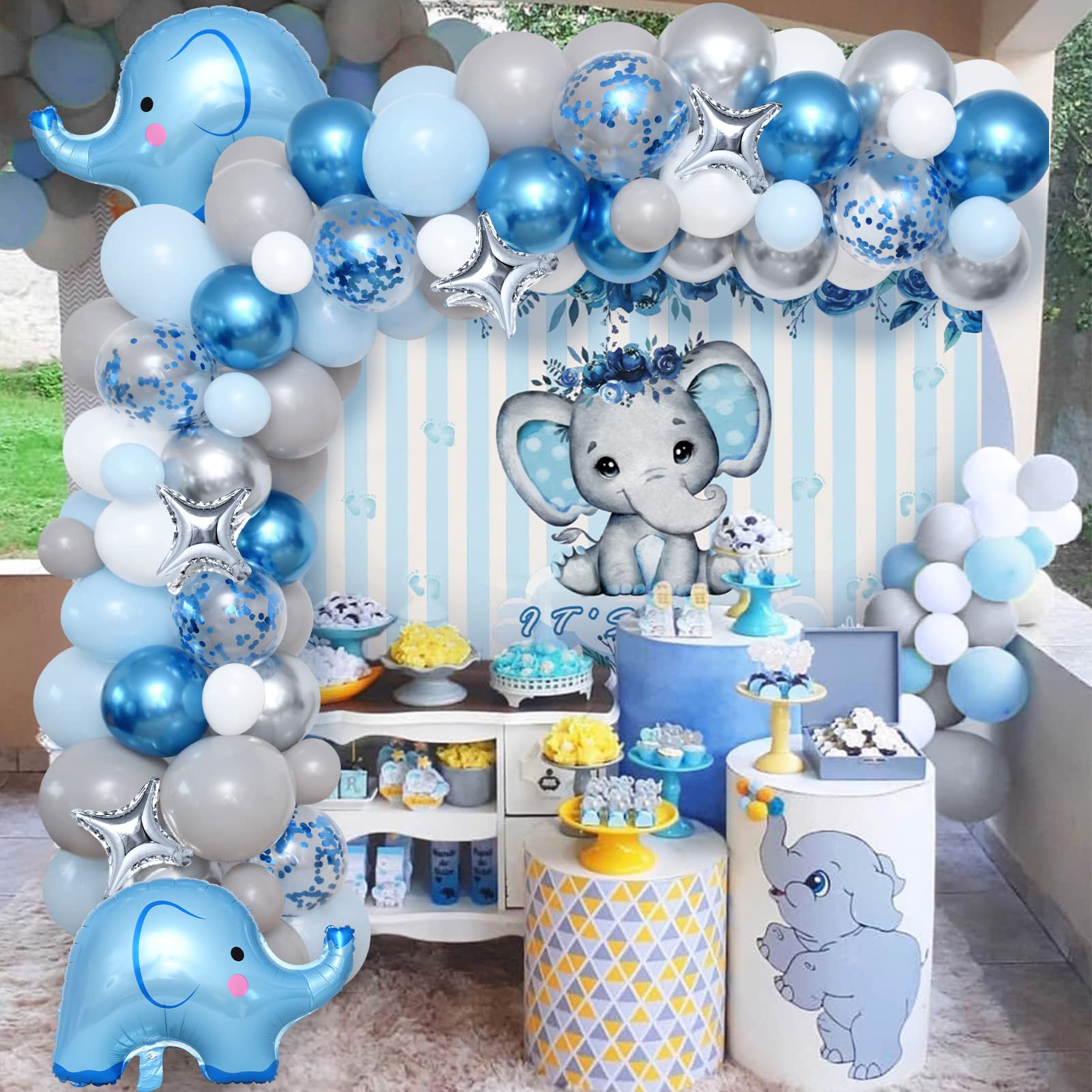 Winrayk Elephant Baby Shower Decorations Boy, Blue Elephant Balloon Garland Arch Kit It's a Boy Backdrop Tablecloth Foil Balloon, Elephant Theme Birthday Party Supplies Baby Boy Shower Decorations