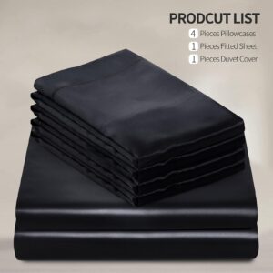 Manyshofu 6Pcs Black Satin Duvet Cover Set Queen Size with Satin Fitted Sheet - Not Comforter, Silky Comforter Cover Set Satin Duvet Covers and Sheets (4 Pillowcases, 1 Duvet Cover, 1 Fitted Sheet)