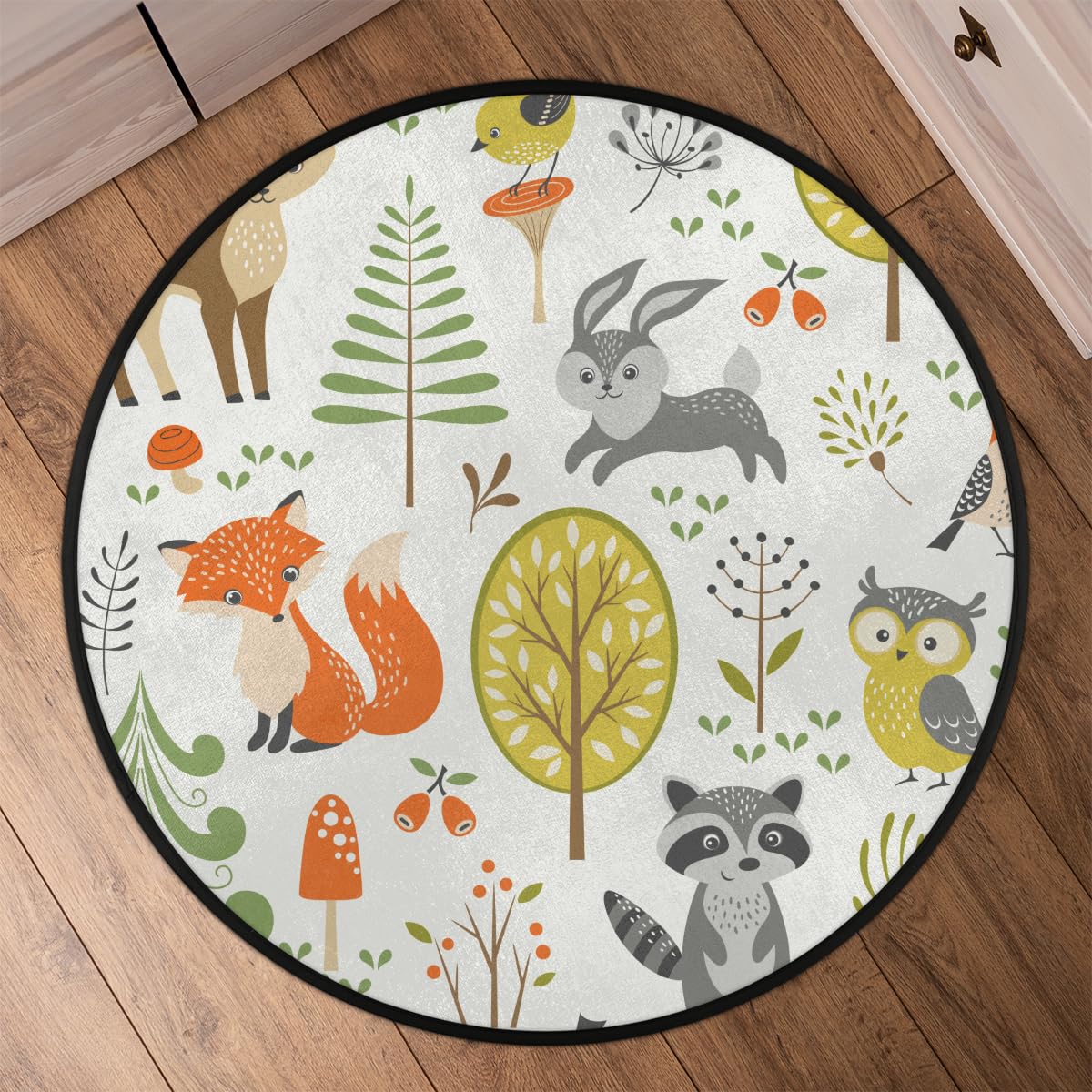 Woodland Animals Round Area Rug, Fox Elk Bear Mushroom Non-Slip Circle Rug for Bedroom Living Room Outdoor Study Playing Floor Mat Carpet, 3' Diameter