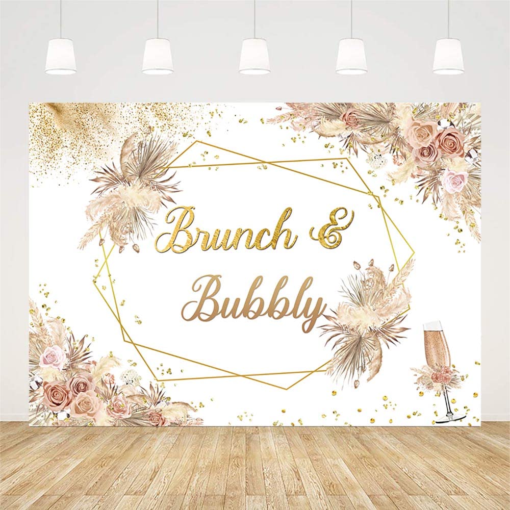 SENDY 7x5ft Boho Brunch and Bubbly Backdrop Bridal Shower Party Decorations Supplies Wedding Bachelorette Banner Bohemia Floral Pampas Gold Champagne Photography Background Cake Table Photo Booth Prop