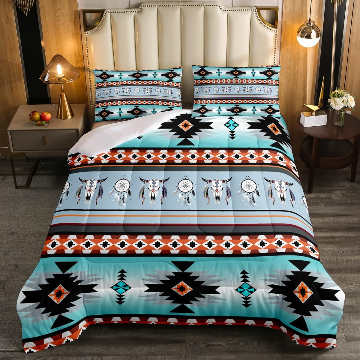 Erosebridal Western Bedding Sets Queen, Exotic Bull Skull Queen Comforter Set Southwestern Quilt,Dream Catchers Tribe Feather Duvet Insert Western Animals Boho Aztec Western Decor Blue Teal Orange