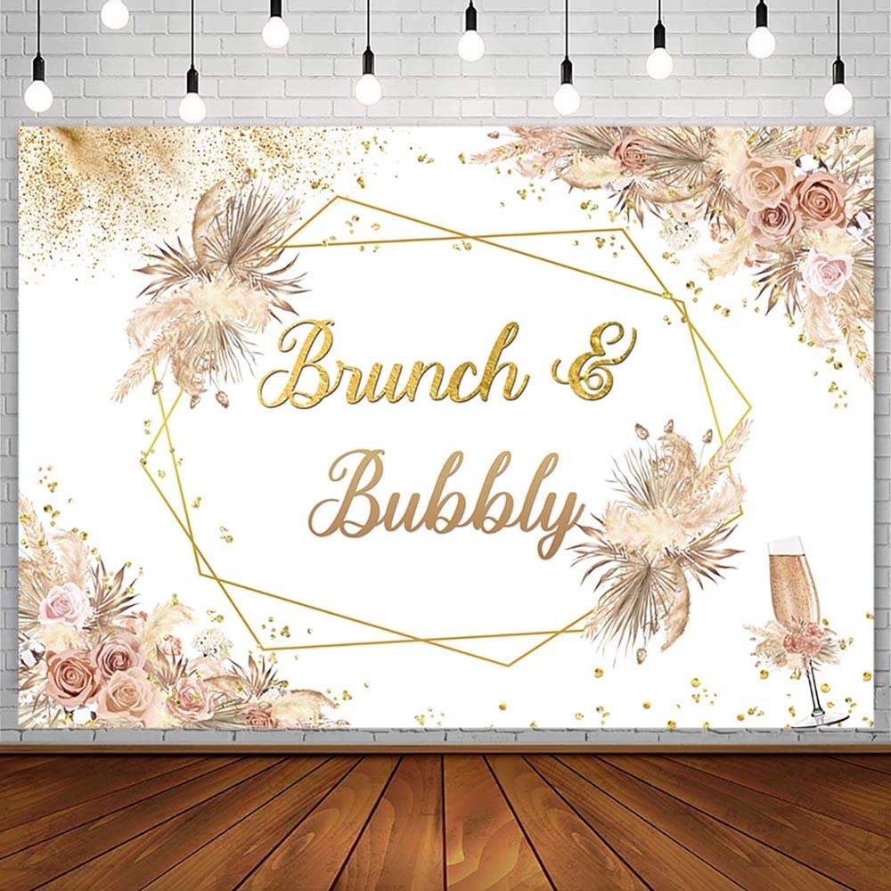 SENDY 7x5ft Boho Brunch and Bubbly Backdrop Bridal Shower Party Decorations Supplies Wedding Bachelorette Banner Bohemia Floral Pampas Gold Champagne Photography Background Cake Table Photo Booth Prop