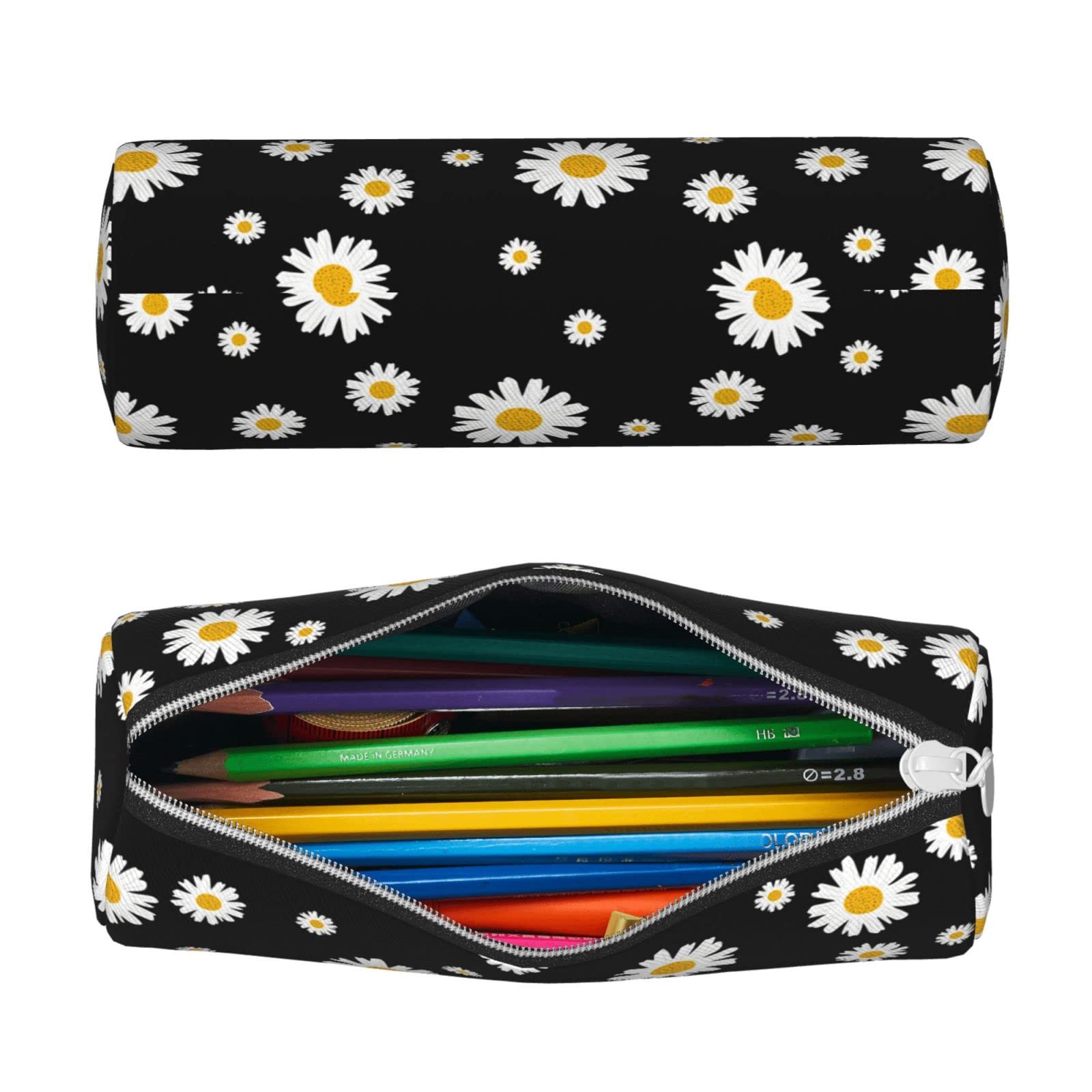 Ykklima White Yellow Daisy Flower Black Leather Pencil Case Zipper Pen Makeup Cosmetic Holder Pouch Stationery Bag for School Work Office