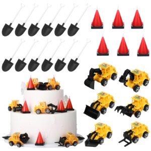 yerliker 24 pcs construction party decoration set construction cone shaped cake candles 6 construction truck excavator cake toppers 12 plastic shovel shape spoons for kids boy birthday