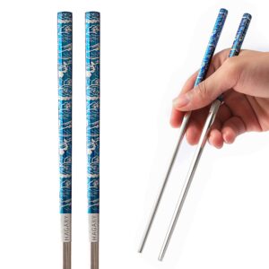 Hagary Blue Wave Chopsticks 5 Pairs Metal Chopsticks Reusable Designed In Korea Japanese Style Stainless Steel 316 18/10 Non-Slip Dishwasher Safe Laser Engraved