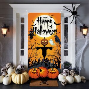 halloween door decorations banner, happy halloween door cover backdrop, fabric pumpkin ghost hanging door poster sign banner for outdoor indoor halloween eve porch background party wall decoration