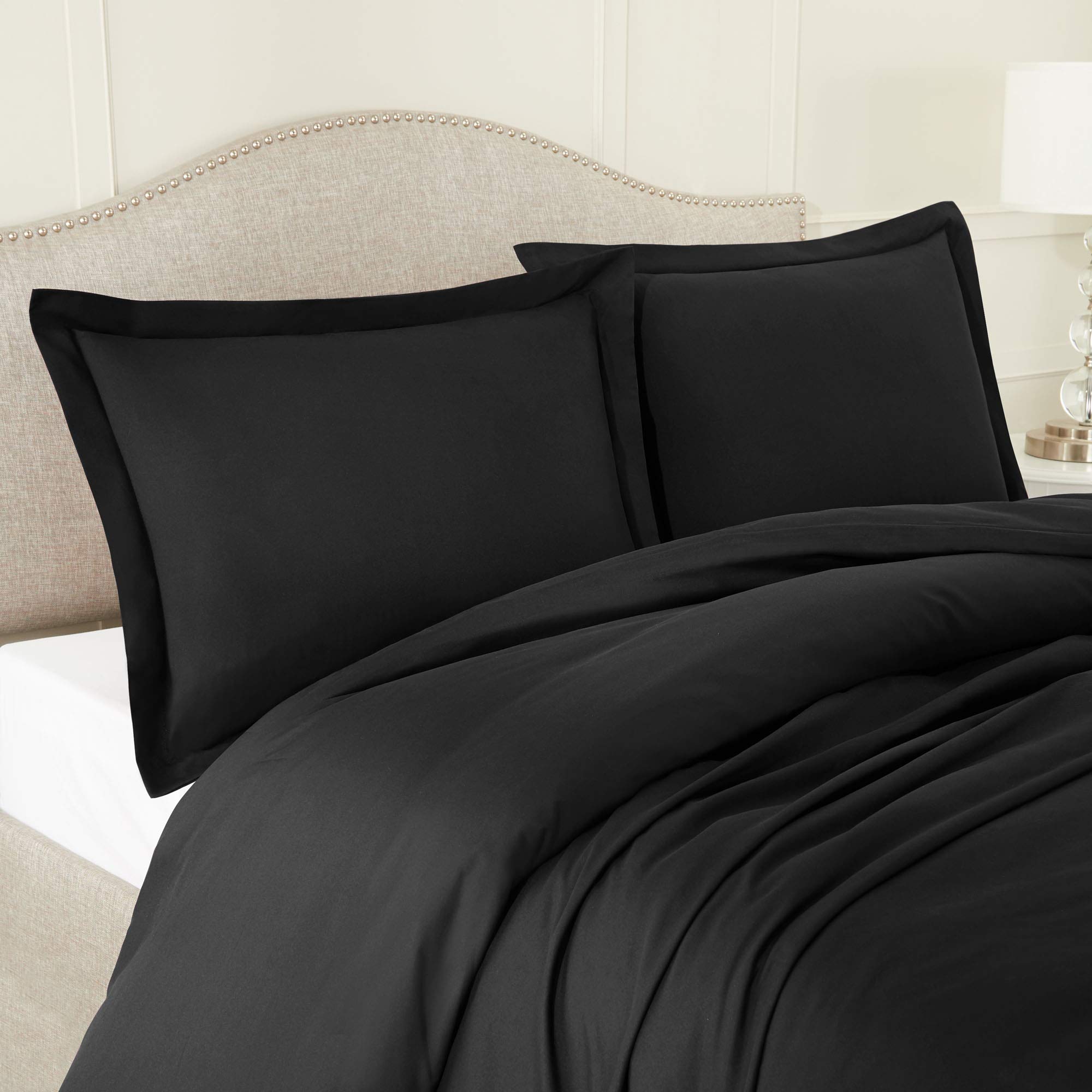 YASH BEDDING 600 Thread Count Black King Size Duvet Cover Set, 3 Piece Double Brushed Cotton Duvet Cover with Button Closure, 1 King Duvet Cover (92 x 106) inches and 2 Pillow Shams