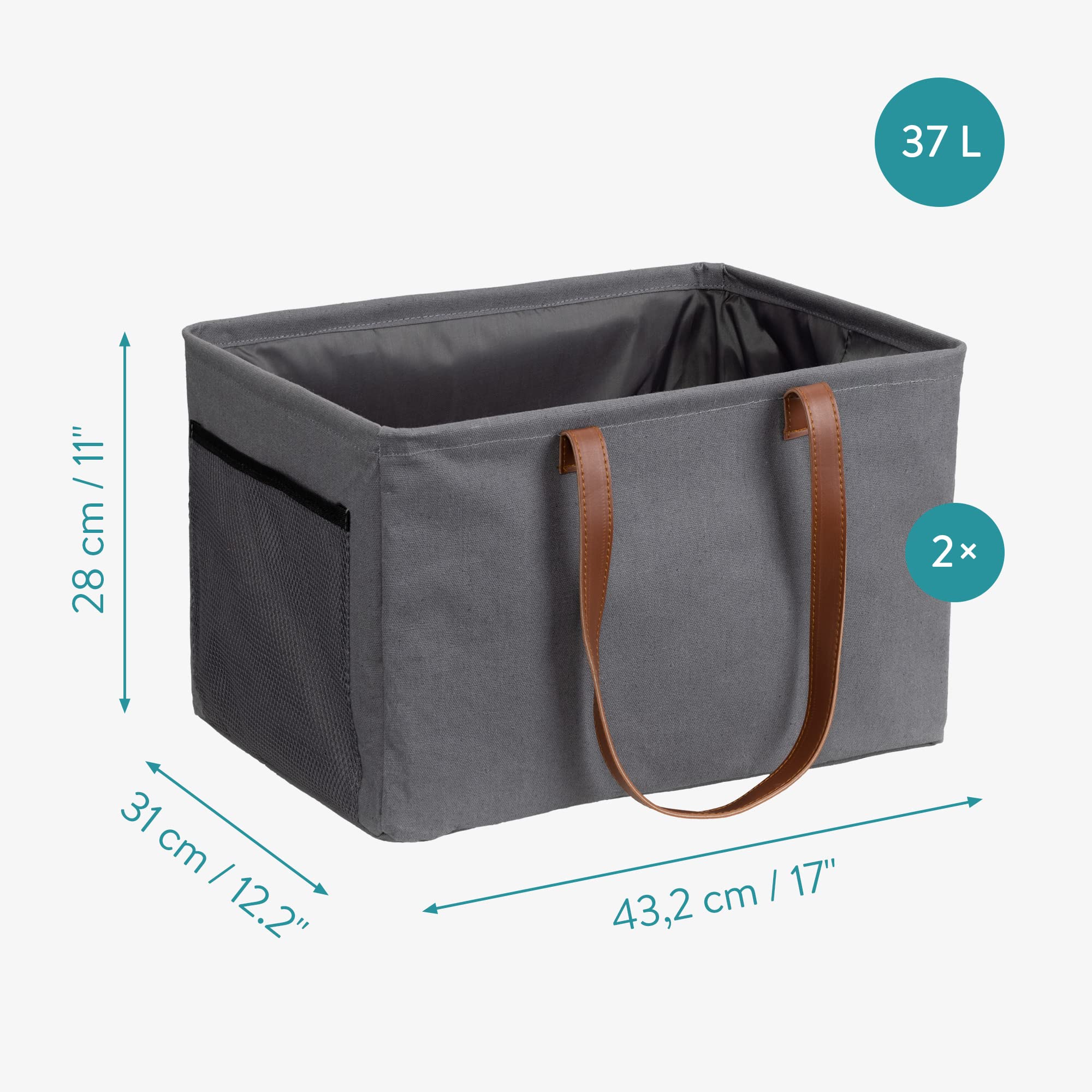 Navaris Collapsible Laundry Baskets - Set of 2 - Foldable Washing Hampers - Clothes Storage Bins with Fabric Drawstring Lid & Side Handles - Gray