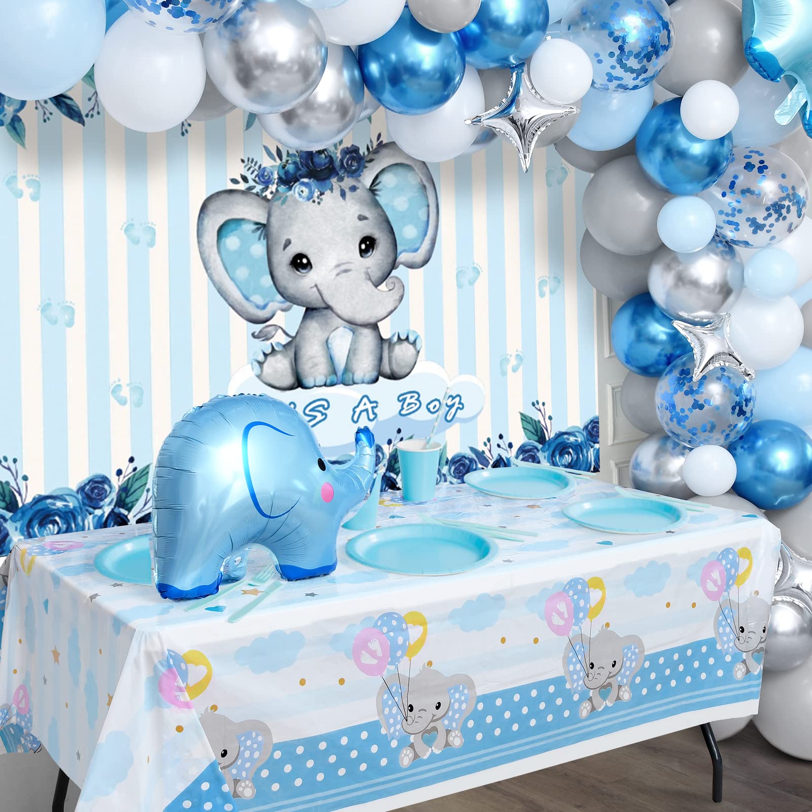 Winrayk Elephant Baby Shower Decorations Boy, Blue Elephant Balloon Garland Arch Kit It's a Boy Backdrop Tablecloth Foil Balloon, Elephant Theme Birthday Party Supplies Baby Boy Shower Decorations