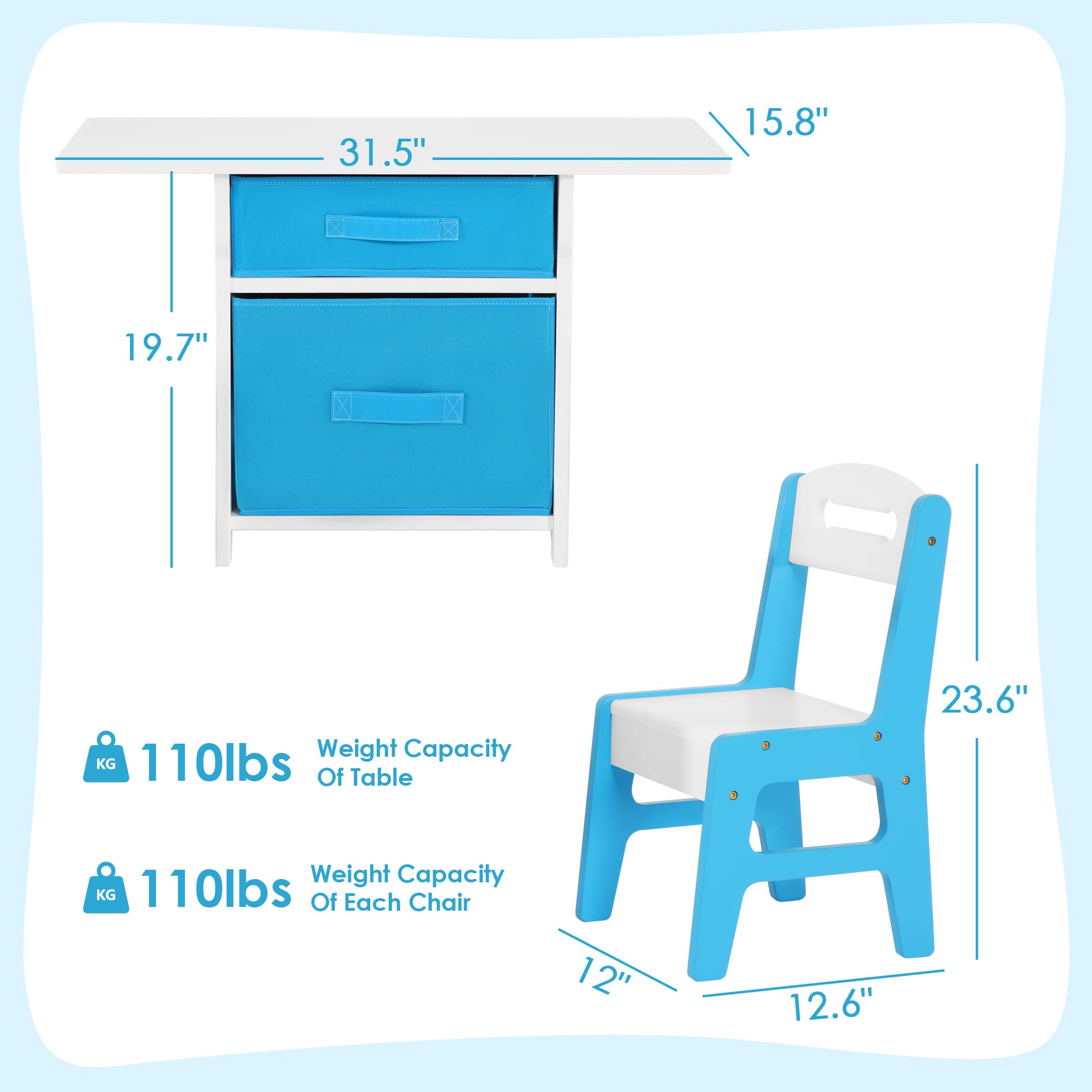 Bateso Kids Table & Chair Set, Toddler Table and Chairs Set​ with Storage, Kids Table and 2 Chairs with Storage for Learning, Teaching, Eating, Playing, Kindergarten, Living Room