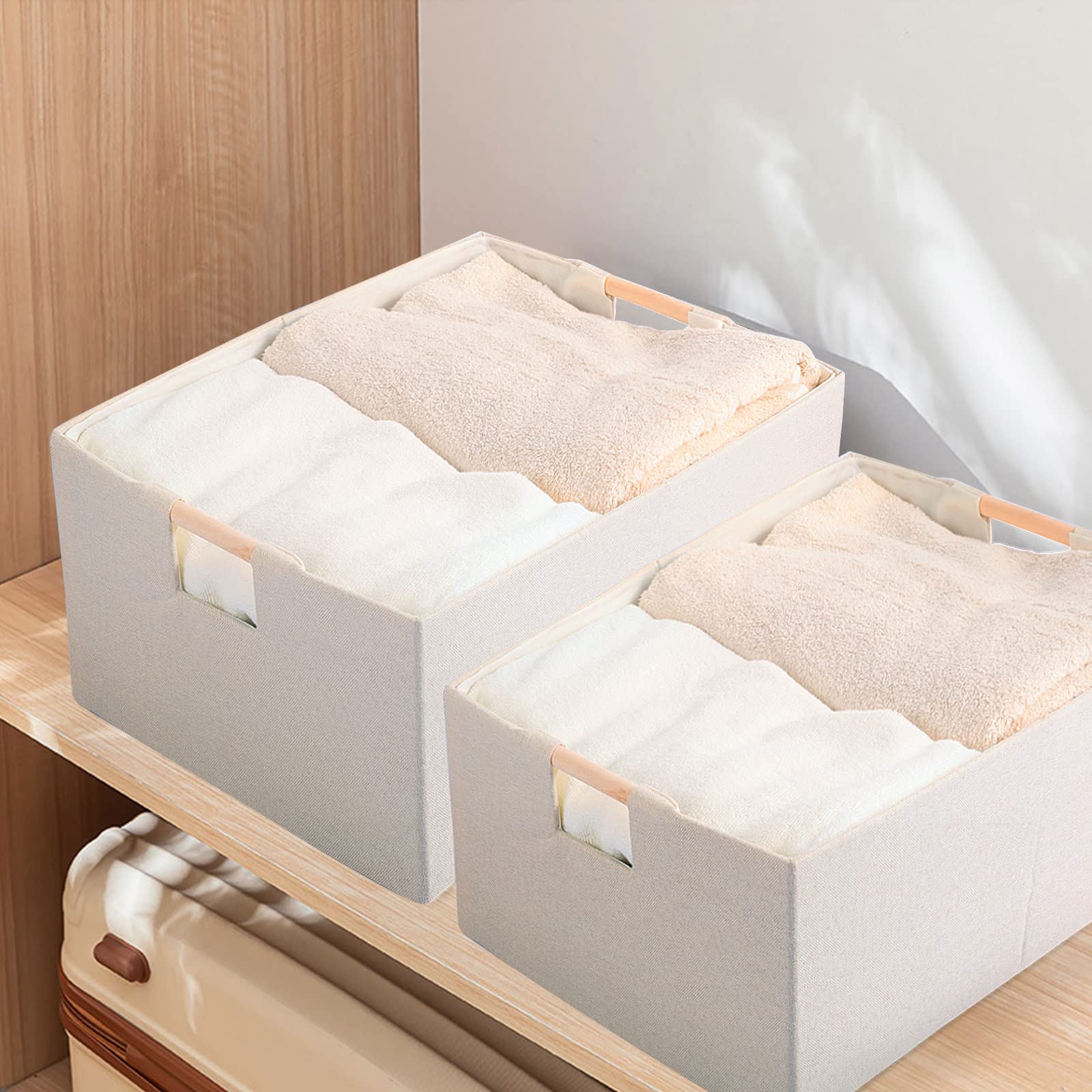 LaMorée Fabric Storage Bin Box Foldable Cotton Linen Storage Basket with Wooden Handles Rectangular Cube Decorative Home Laundry Organizer Clothes Blanket Container – Beige, Medium