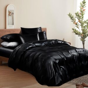 Manyshofu 6Pcs Black Satin Duvet Cover Set Queen Size with Satin Fitted Sheet - Not Comforter, Silky Comforter Cover Set Satin Duvet Covers and Sheets (4 Pillowcases, 1 Duvet Cover, 1 Fitted Sheet)