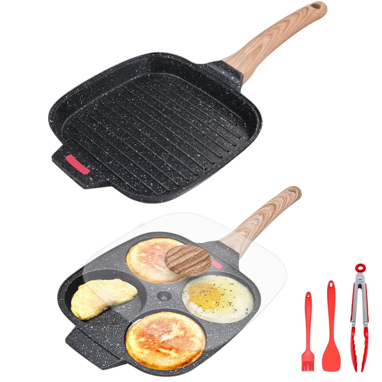 Bobikuke 2-Piece Set, Nonstick Aluminum Egg Pan and Grill Pan with Glass Lid, Induction Compatible, PFOA and PTFE Free