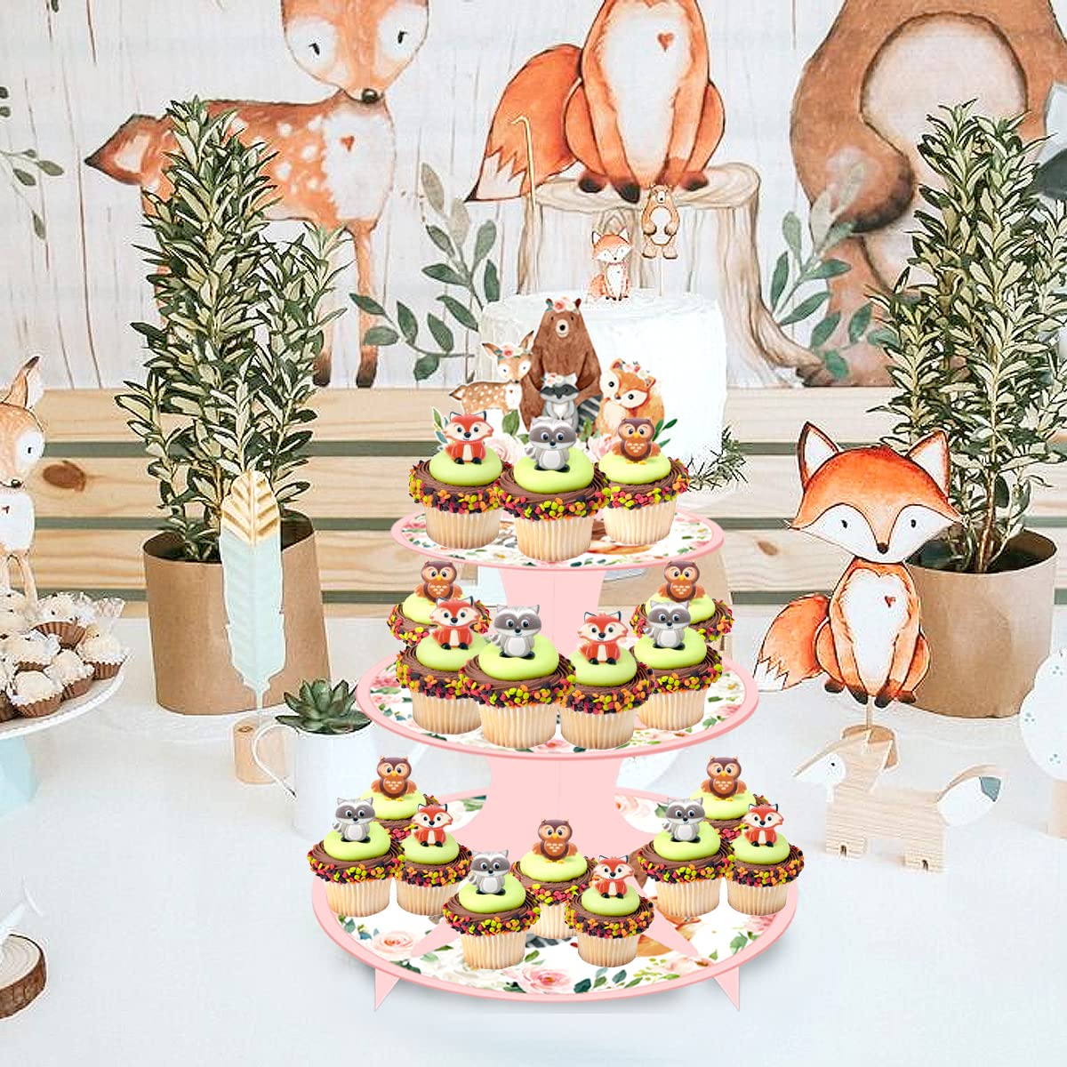 Woodland Animal Party Cupcake Stand for Girls Pink 3-Tier Cake Stand for Baby Shower Jungle Animal Cupcake Tower Decorations for Woodland Birthday Animal Theme Party Cake Holder Decorations for Kids