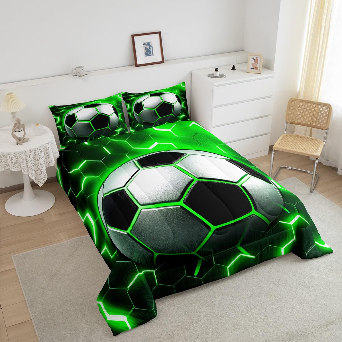 Soccer Print Comforter Set Full Football Bedding Comforters & Sets for Kids Boys Girls,Ball Game Duvet Sports Theme Quilt Comforter,Green Neon Honeycomb Duvet Teens Modern Cool Design Room Decor 3Pcs