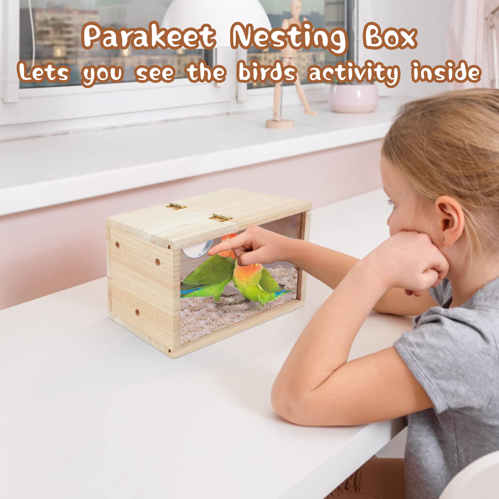 GINDOOR Parakeet Nesting Box Transparent Bird House for Cage Natural Wood Breeding Box for Parrot Parakeet Cockatiel Lovebirds Budgie Conure and Other Small Birds