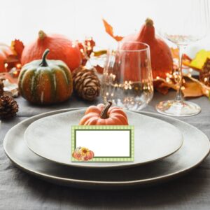 FLOEVER Thanksgiving Place Card 100PCs-Samll Tent Cards 2 * 3.5 inches-Wedding Name Cards with Turkey Pumkin sunflower and Maple image for Table Setting, Banquets, Dinner Parties