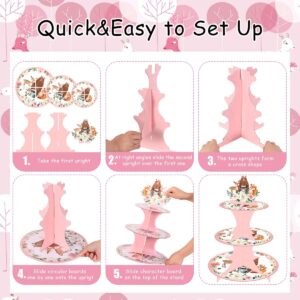 Woodland Animal Party Cupcake Stand for Girls Pink 3-Tier Cake Stand for Baby Shower Jungle Animal Cupcake Tower Decorations for Woodland Birthday Animal Theme Party Cake Holder Decorations for Kids