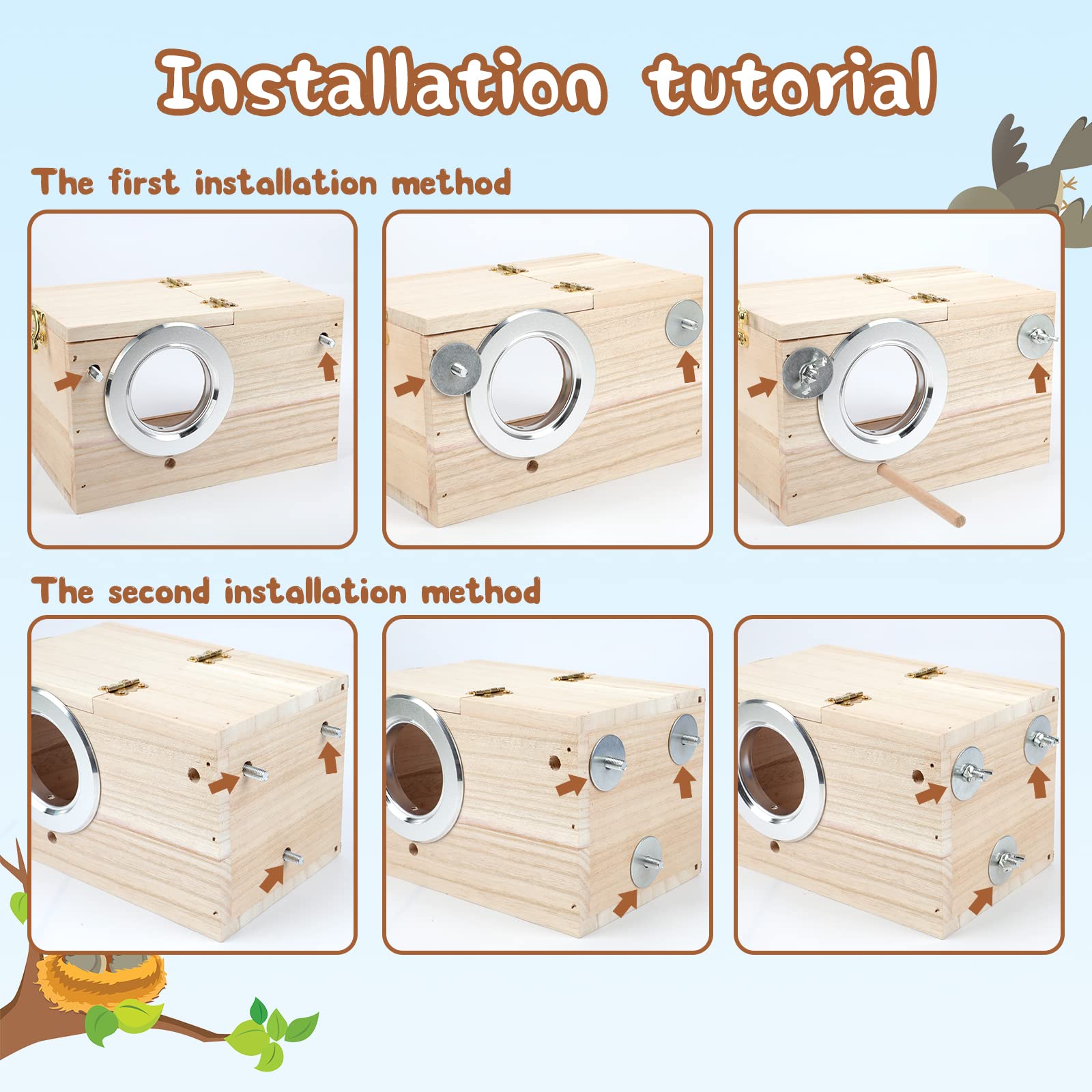 GINDOOR Parakeet Nesting Box Transparent Bird House for Cage Natural Wood Breeding Box for Parrot Parakeet Cockatiel Lovebirds Budgie Conure and Other Small Birds