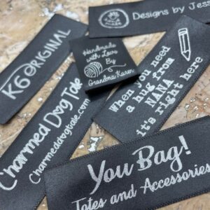 30 Black Custom Printed Satin Fabric Labels Sew On for Clothing, Crafts, Nursing Home Clothing, Children's Clothing, Knitting, Crocheting, Handmade Items