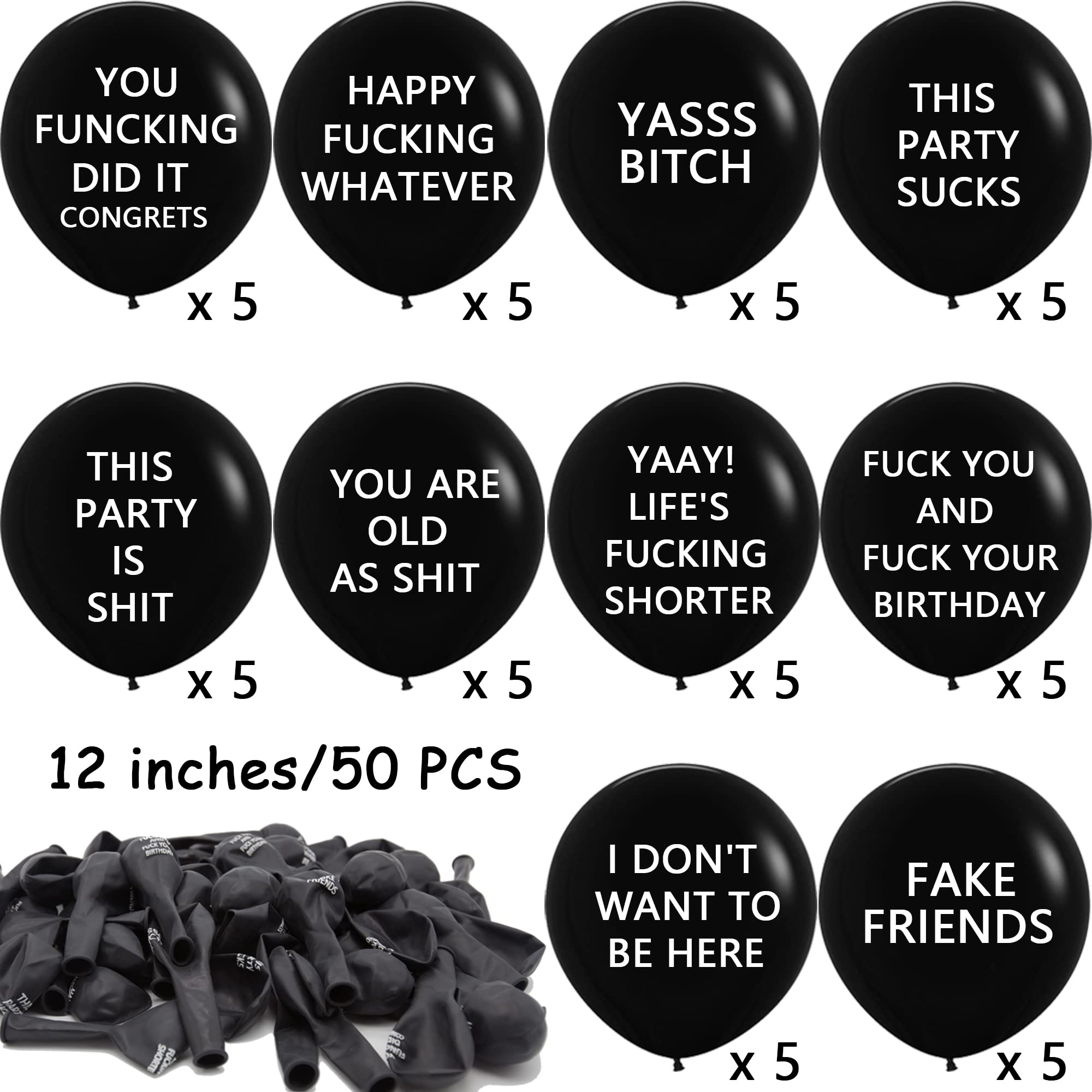 50 PCS Black Abusive Balloons Latex Offensive Balloons, 12 inch Funny Balloon for Adult Party Birthday Graduation Decorations